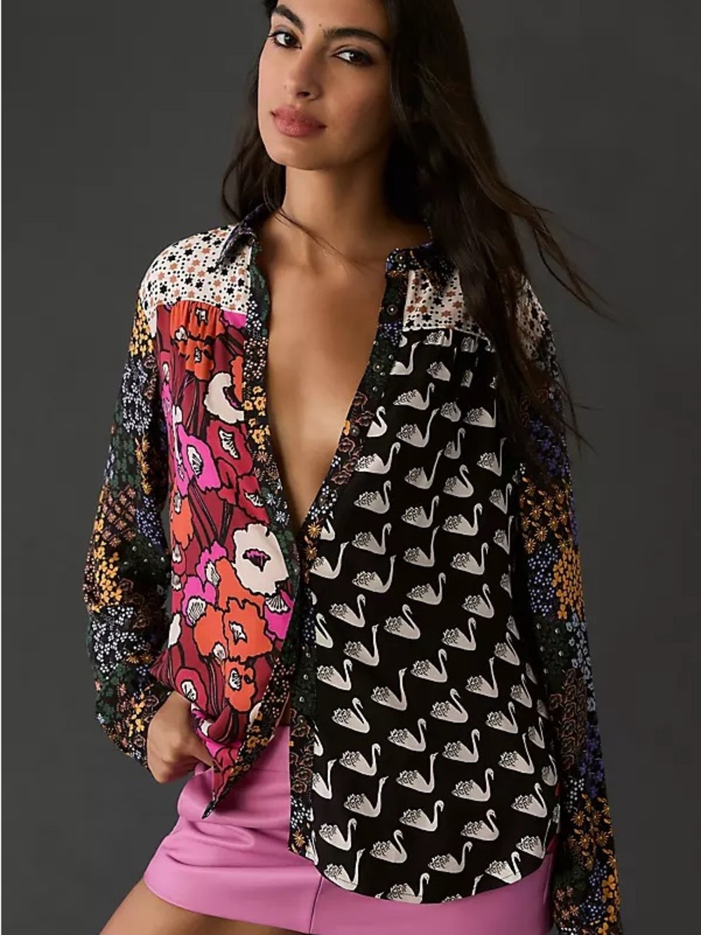 Maeve Mixed-Print Button-Down Shirt in Pink, Black, Orange and White
